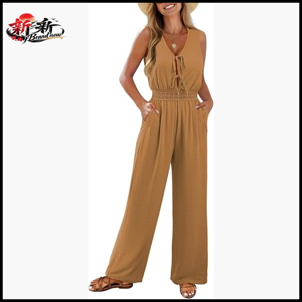 Sleeveless V-Neck Tie Front Wide Leg Jumpsuit Romper with Pockets - Picture 1 of 7